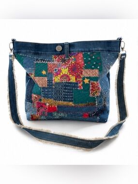 Boro Inspired Denim Crossbody Bag | Sashiko Hand Stitched Patchwork Boho Hippie